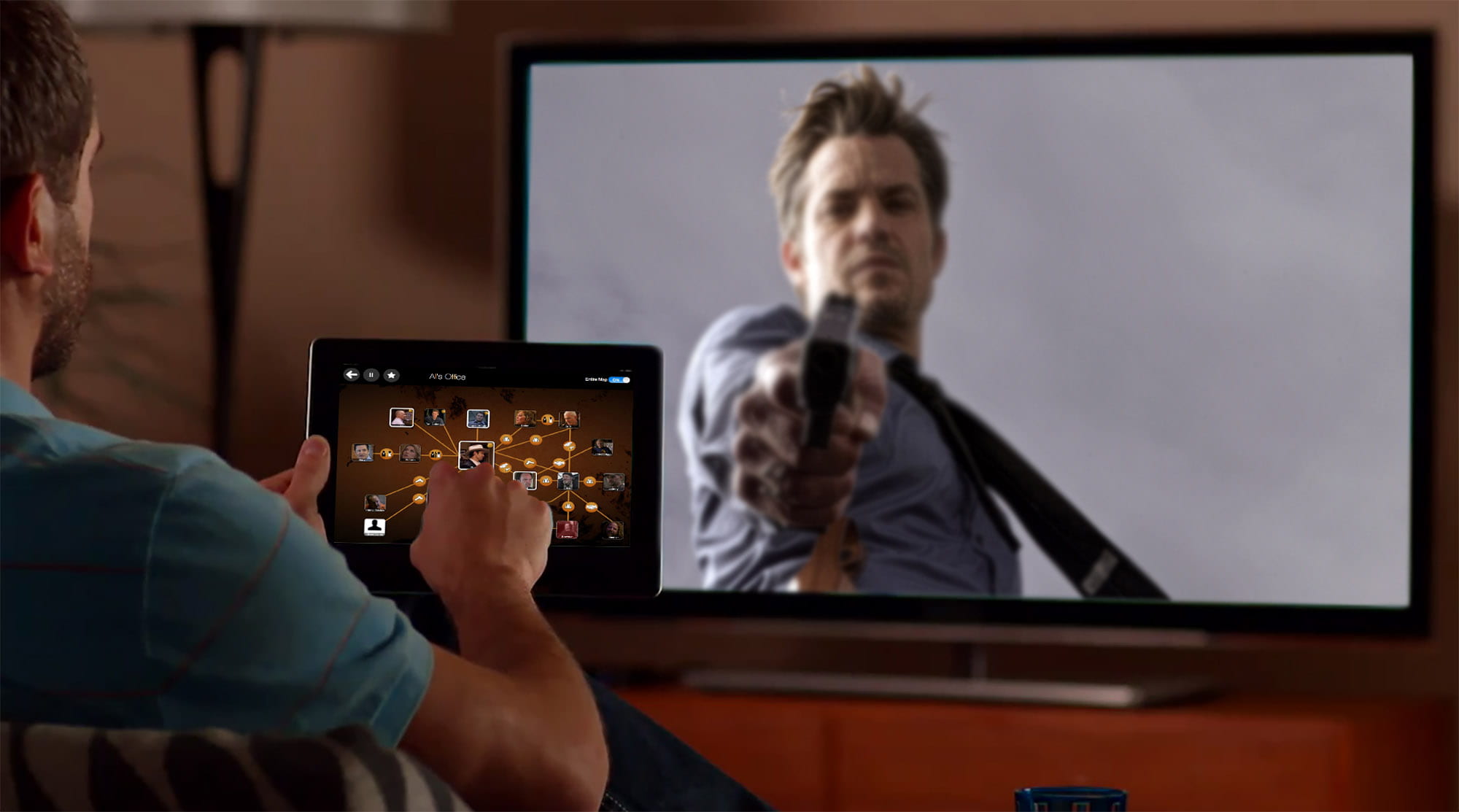 The iPad displays a map of the relationships among the many characters, grouping them geographically as they appear in the story without any spoiler revelations.